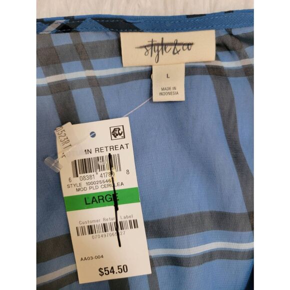 Style & Co Sz L Blue Mod Plaid Crossover Top New - Picture 6 of 7
